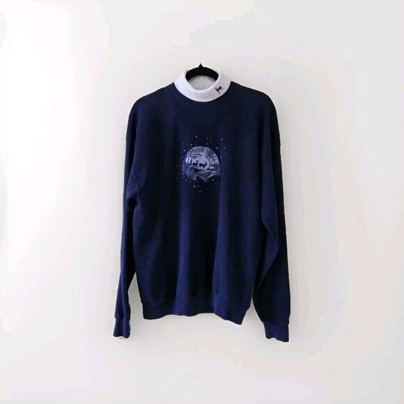 Artisans Top Womens L Navy USA Made XMas Embroidery Print Turtleneck LS FLAW VTG - Picture 1 of 15